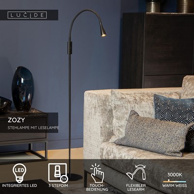 Lucide ZOZY - Stehlampe Mit Leselampe - LED 3 StepDim - 1x4W 3000K - Schwarz